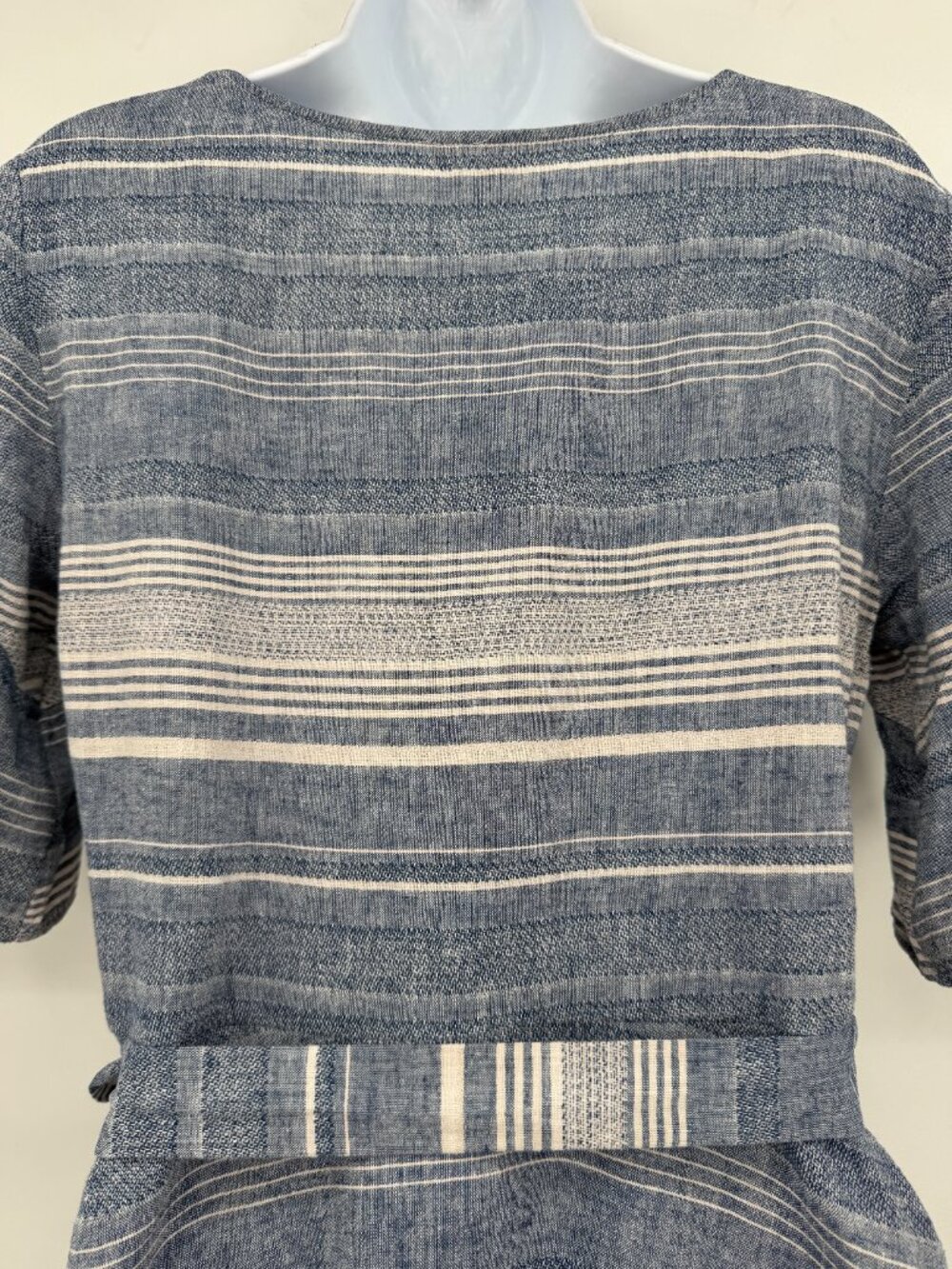 Express Women’s Size S Blue Striped Linen Blend Wrap Mini Dress - Picture 6 of 13